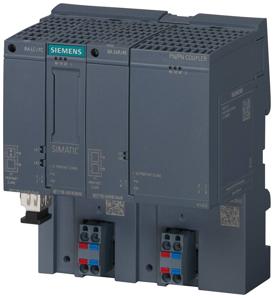 Elektronische module van Siemens met labels zoals 'PN/PN Coupler' en 'SIMATIC'; toont industriële componenten voor netwerkintegratie.