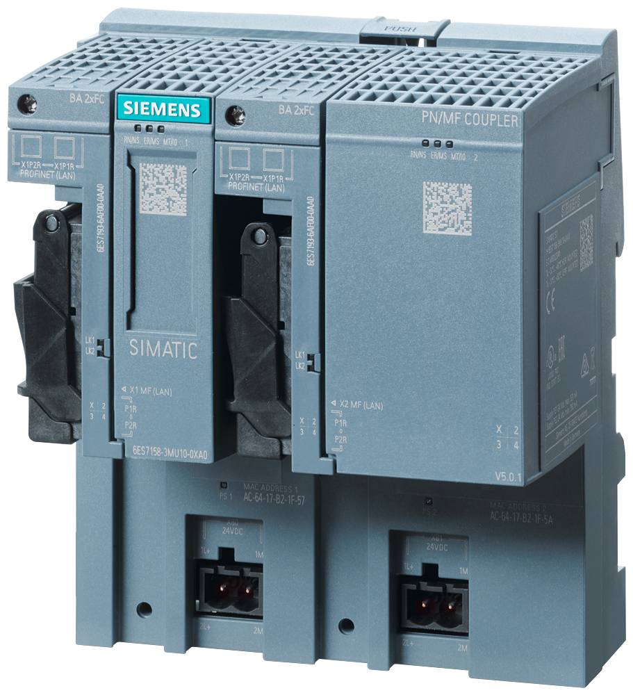 Een grijs Siemens SIMATIC besturingsmodule met meerdere sleuven en aansluitingen. Tekst 'SIMATIC' en 'PN/MF COUPLER' op de voorkant.