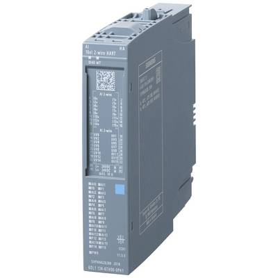 Grijs-blauw Siemens-module met labels, aansluitingen en LED-indicatoren. Rechthoekige vorm, staand verticaal, geschikt voor industriële toepassingen.