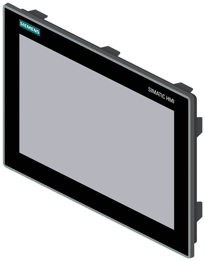 Platte touchscreen-monitor met Siemens-logo linksboven en opschrift 'SIMATIC HMI' rechtsboven. Gebruikt voor industriële toepassingen.
