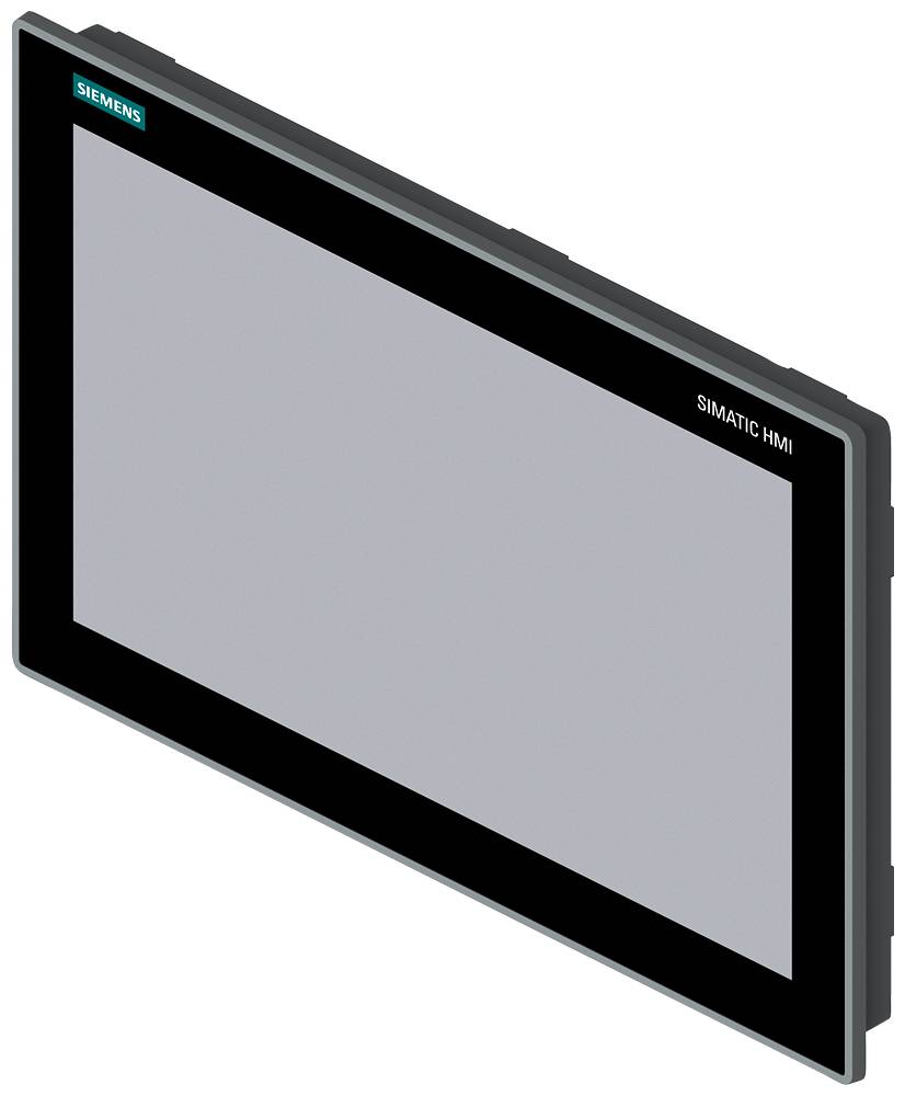Een zwarte Siemens SIMATIC HMI-scherm wordt onder een lichte hoek getoond.