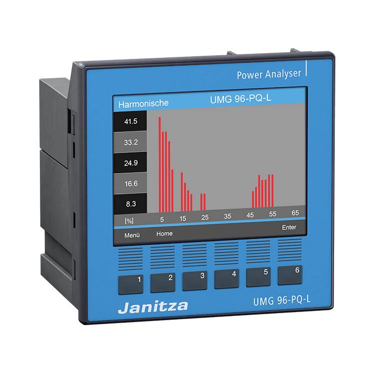 Blauw Power-analyseapparaat 'UMG 96-PQ-L' van Janitza met een grafisch display dat harmonische frequenties in het rood weergeeft.