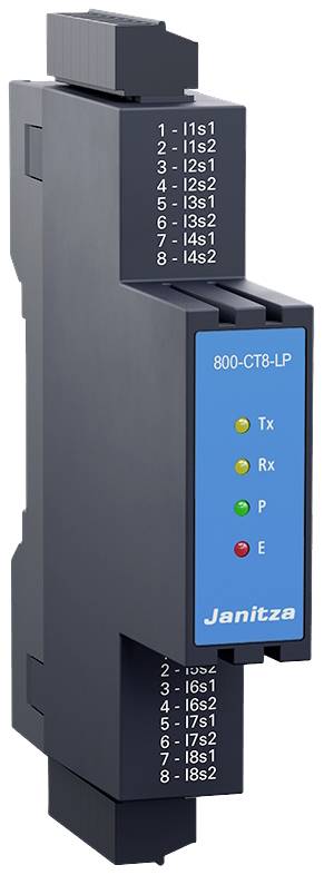 Een elektrische transformator van Janitza, model 800-CT8-LP, met indicatielampjes voor Tx, Rx, P en E, evenals aansluitpunten.
