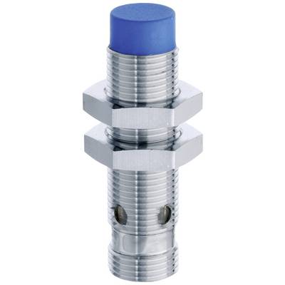 Een metalen cilinder met een blauwe dop, waarschijnlijk een sensor of schakelaar, wijst in de bovenste beeldrichting.