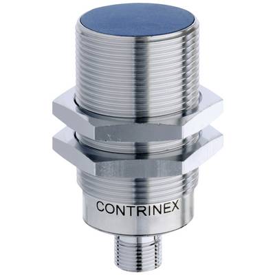 Cilindrische metaal-sensor met schroefdraad en opschrift 'CONTRINEX', geschikt voor industriële toepassingen voor objectdetectie.