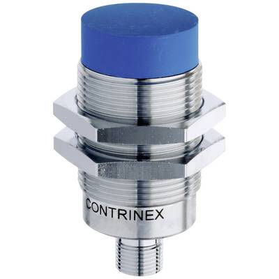 Een cilindrische, metalen sensor met een blauwe kunststof punt en 'CONTRINEX' label aan de zijkant.