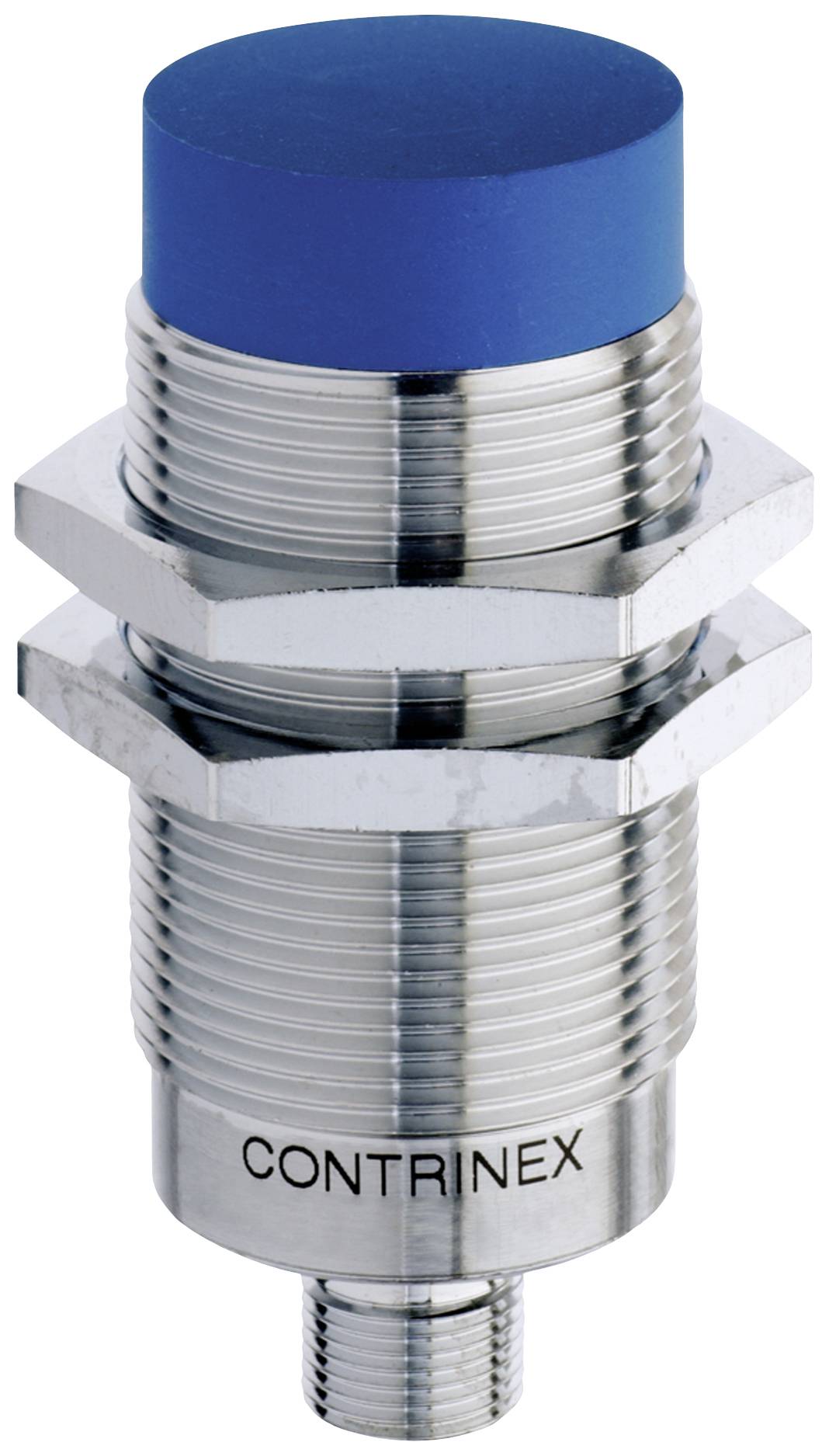 Cilindrische, metalen druksensor met blauwe kop, inkepingen voor vaste montage. Gemarkeerd met 'CONTRINEX'.