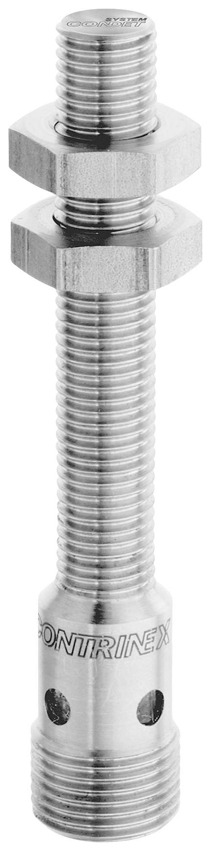 Een lange metalen cilinder met schroefdraad en twee moeren in het midden. Op de cilinder staat het opschrift 'CONTRINEX'.