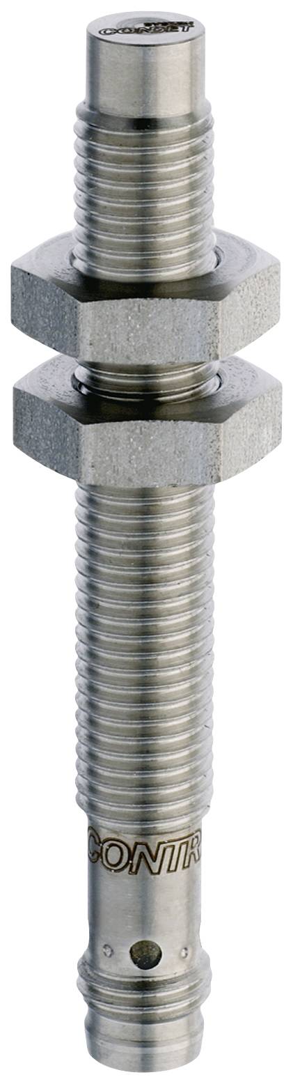 Cilindrische, zilverkleurige sensor met schroefdraad en twee zeskantmoeren, vermoedelijk voor industriële toepassingen.