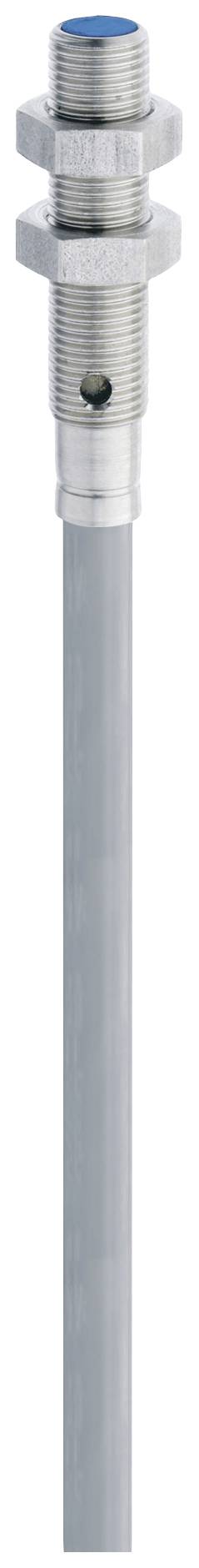 Een cilindrische sensor met metalen schroefdraad en een grijs kabel. De sensor is verticaal gericht en wijst naar boven.