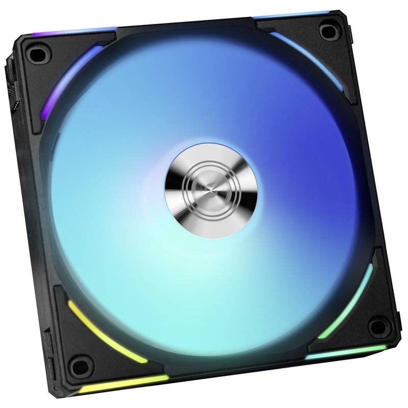 Een computerfan met verlichte LED-randen in verschillende kleuren, met een centrale metalen rotor in het midden van de ventilator.