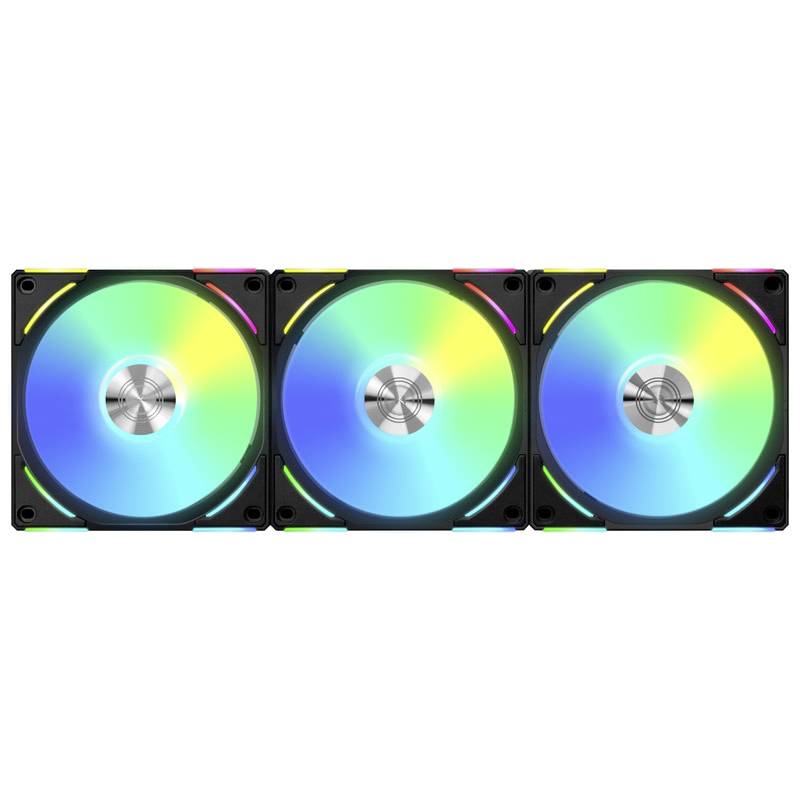 Drie pc-ventilatoren met lichtgevende, regenboogkleurige led's, naast elkaar geplaatst. Geschikt voor koeling en verlichting van een computer.