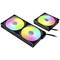 Twee ventilatoren met RGB-verlichting, waarvan één dubbel en de andere enkel. Beide hebben zwarte frames en zijn gemonteerd op rechthoekige koelers.