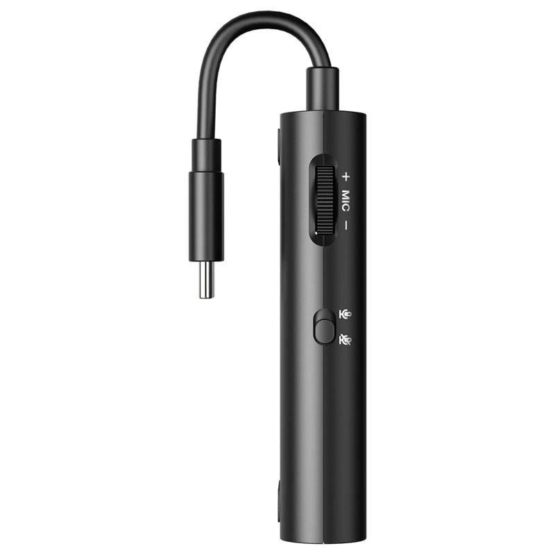 Zwarte audioadapter met volumeregelaar, microfoonbediening en USB-C-aansluiting.