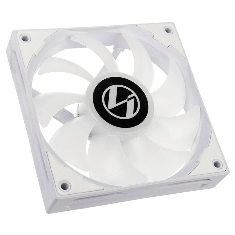 Een witte pc-ventilator met meerdere rotorbladen en een centraal logo in het midden, weergegeven op een witte achtergrond.