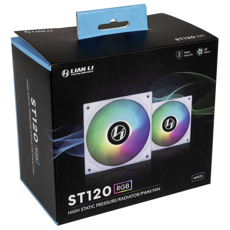 Verpakking van Lian Li ST120 RGB ventilatoren, toont kleurrijke RGB-verlichting op twee ventilatoren. Teksten: 'Hoge statische druk/Radiator/PWM-ventilator', 'Wit'.