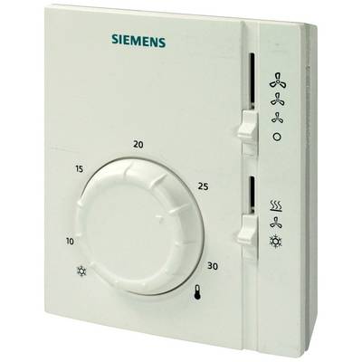 Een witte Siemens-ruimtethermostaat met een centrale draaiknop voor temperatuurinstelling van 5 tot 30 graden Celsius en een schuifschakelaar voor ventilator- en verwarmingsmodi.