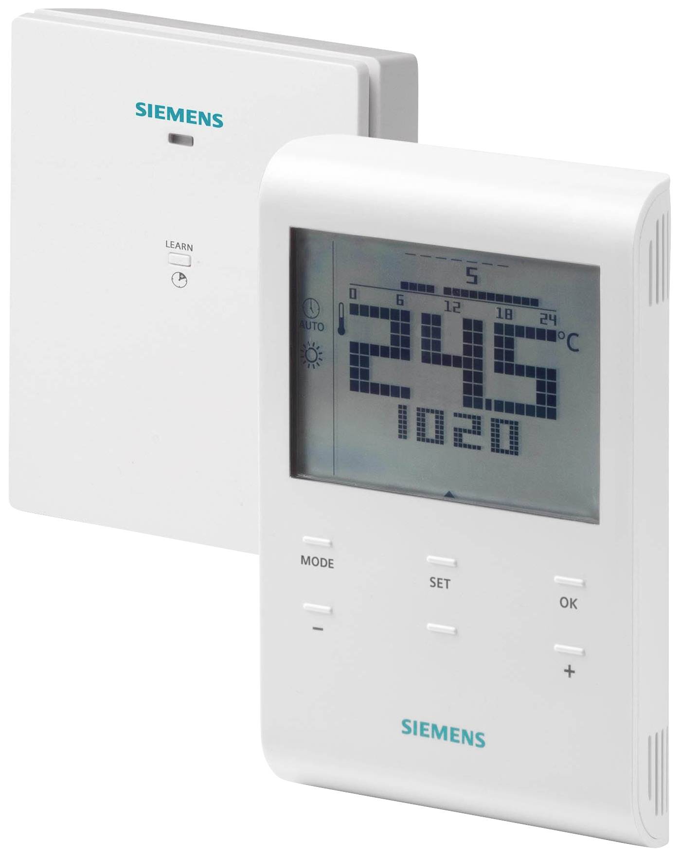 Een Siemens-ruimtethermostaat met een digitaal display dat 24,5 graden Celsius aangeeft. Twee bedieningsknoppen en nog een apparaat op de achtergrond.