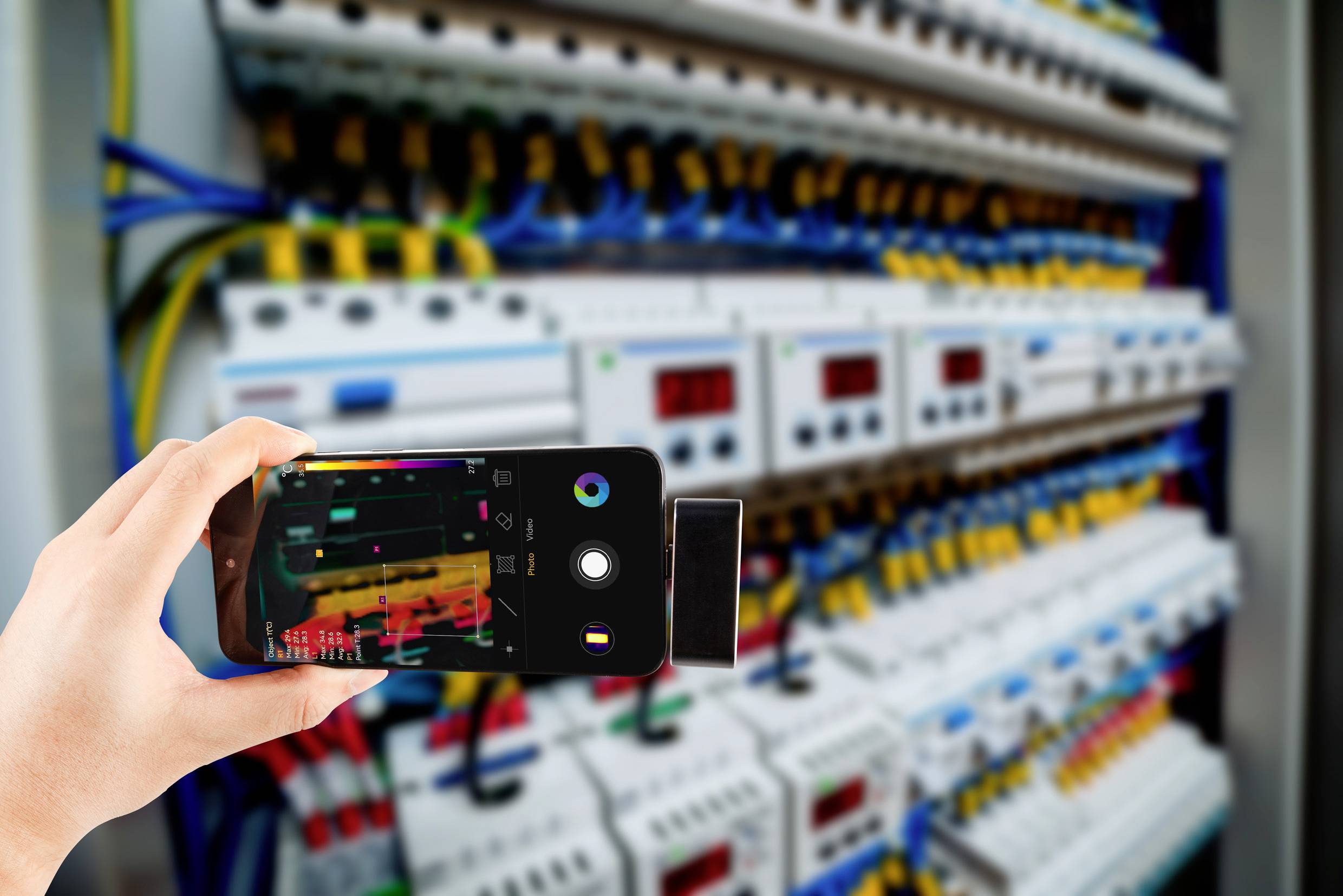 Een smartphone toont een warmtebeeldweergave van elektrische schakelingen in een schakelkast.