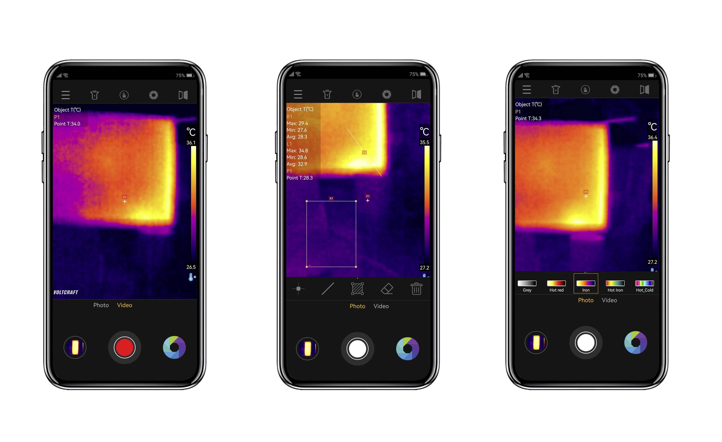 Drie smartphones tonen warmtebeeldopnamen van een vierkant oppervlak met een kleurverloop van blauw naar geel. Temperatuurweergaven zijn zichtbaar.