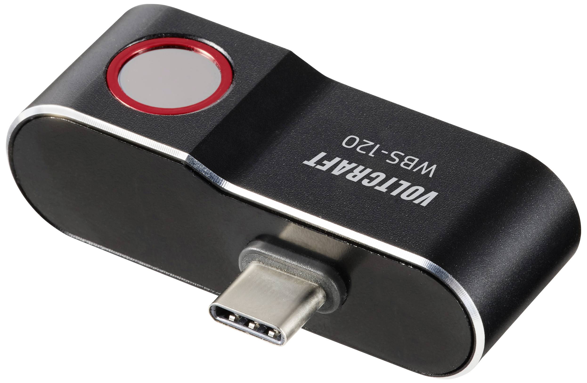 Een zwarte USB-C vingerafdruklezer van het merk Voltcraft, model WBS-120, met een zilveren rand en rode accenten.