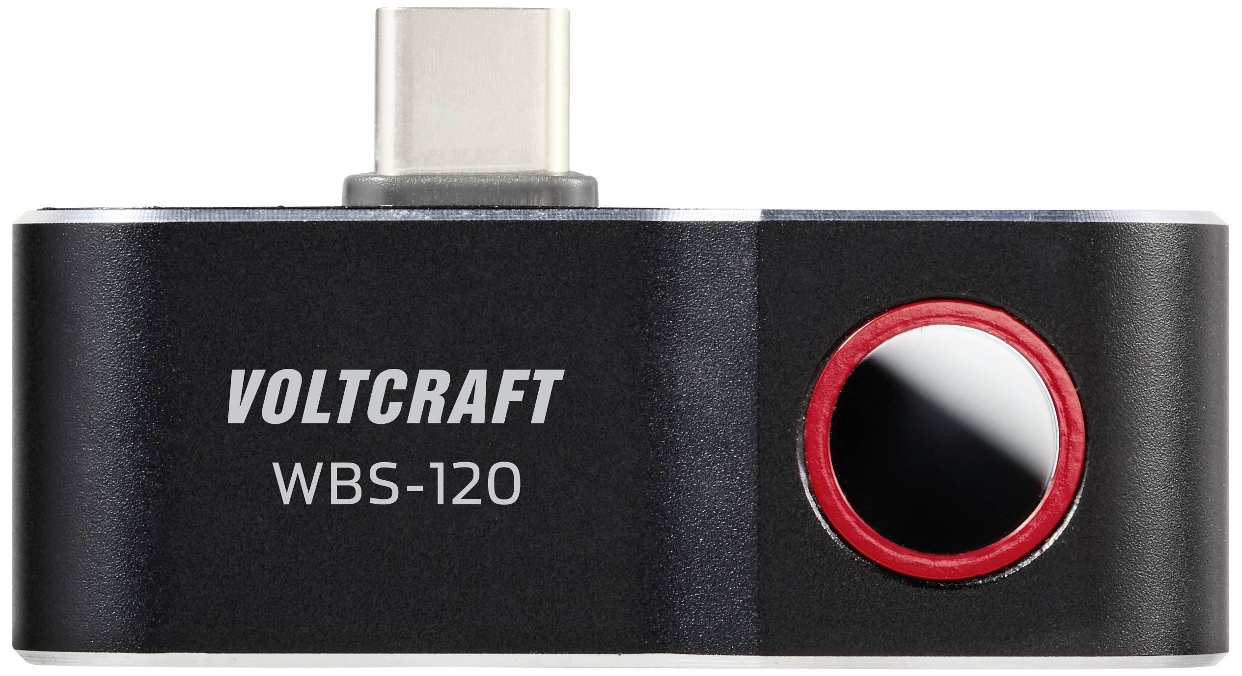 Een digitaal USB-C-spanningmeetapparaat van het merk 'Voltcraft' met modelnummer 'WBS-120' en een rode knop aan de voorkant.