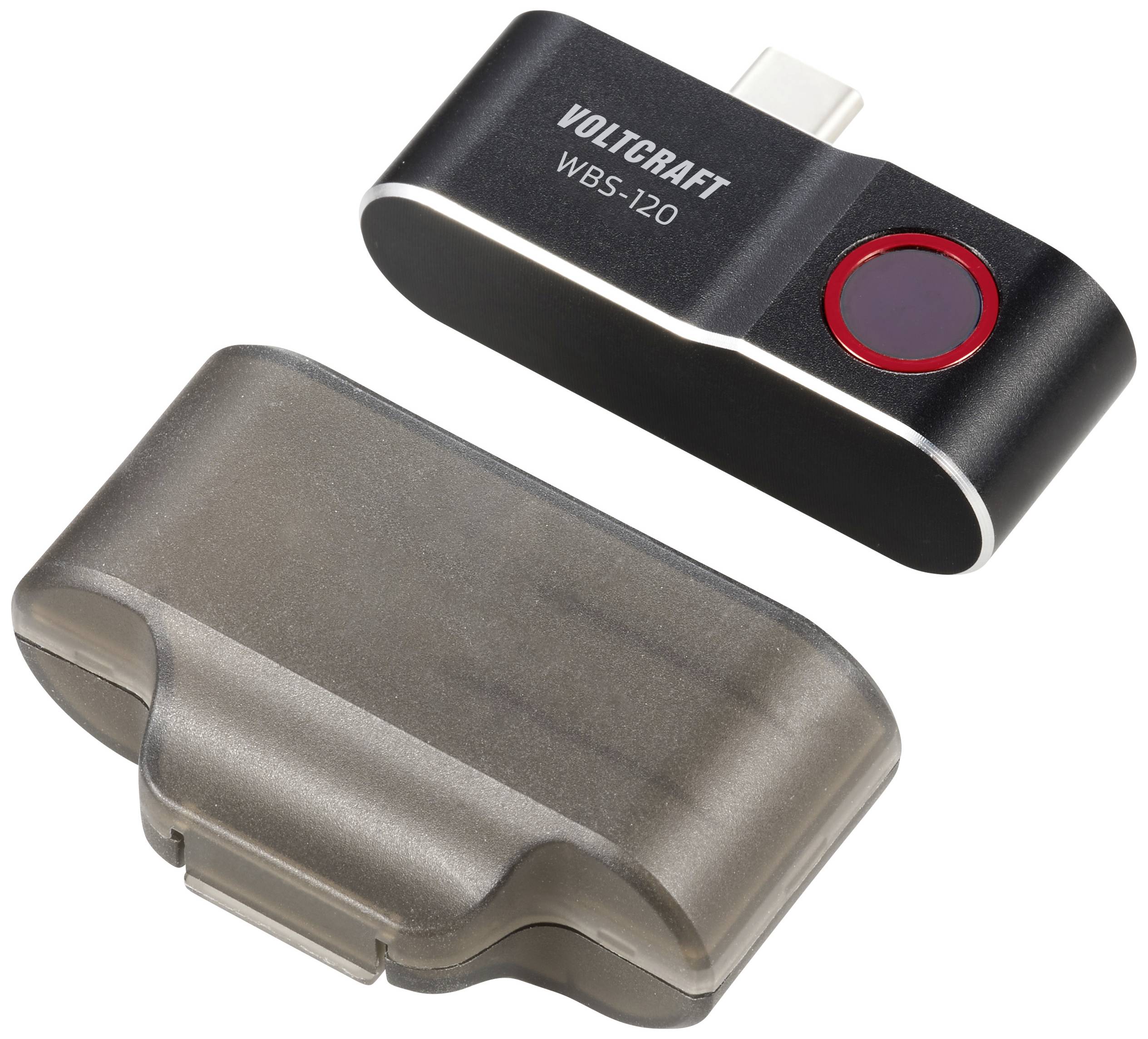 Een zwarte USB-stick met rode knop en opschrift 'Voltcraft WBS-120', naast een transparante kunststof hoes.