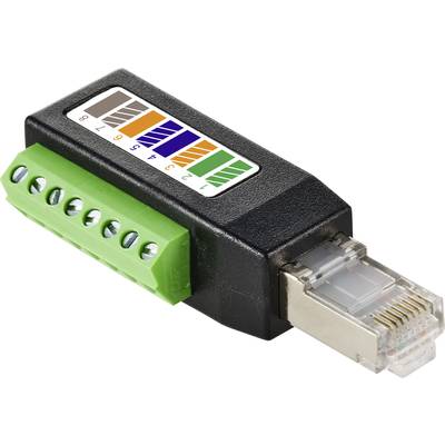 Een RJ45-stekker met kleurgecodeerde kabelaansluitingen, genummerd van 1 tot 8, die worden gebruikt voor het aansluiten van netwerkkabels.