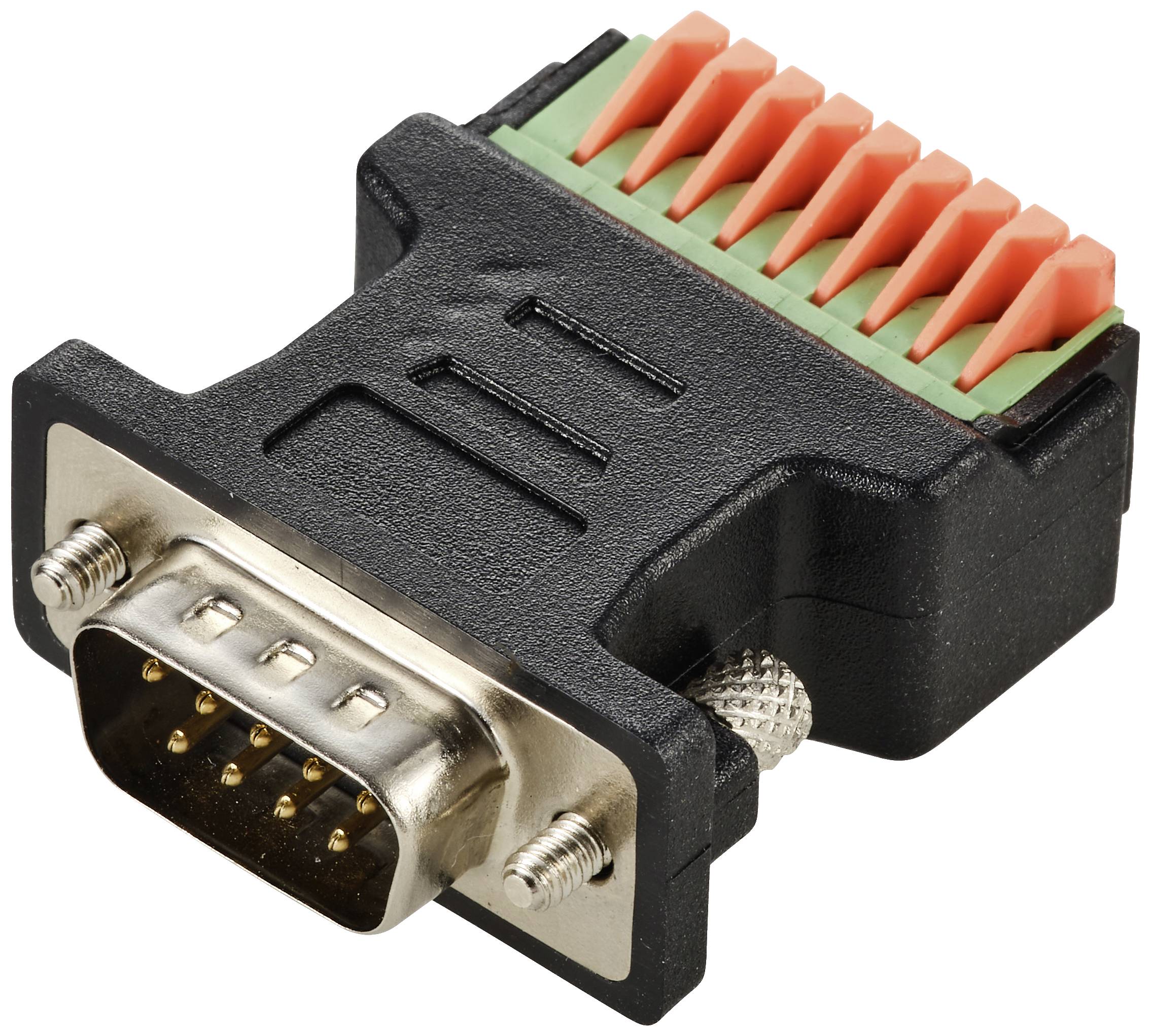 'Zwarte DB9-adapter met groene en rode aansluitingsrail, gebruikt voor seriële verbindingen in elektronische apparaten.'