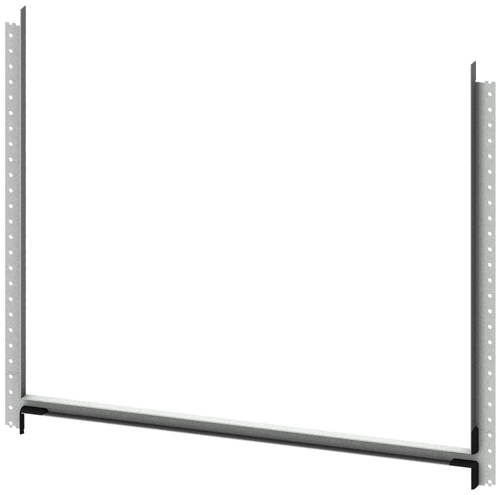 Een leeg, zwart metalen frame voor het monteren van netwerkapparatuur, vrijstaand, frontaal gezien. Strak design zonder extra details.