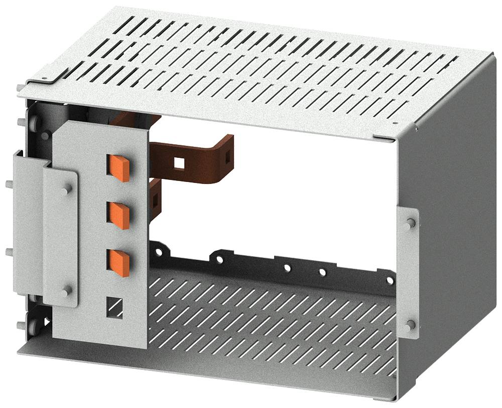 Metalen behuizing met ventilatiesleuven en kunststof onderdelen, geschikt voor elektronische componenten.