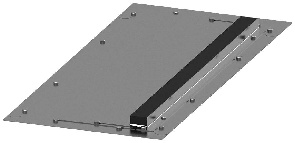 Metalen plaat met een langwerpig, zwart element en meerdere schroeven, die een mechanische of structurele component zou kunnen voorstellen.