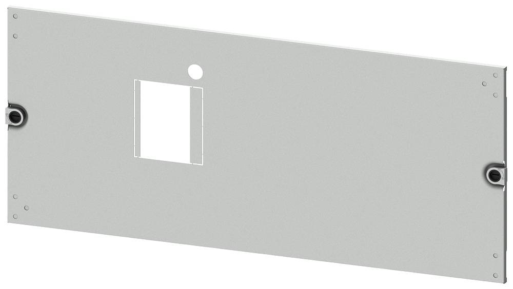 Metalen plaat met rechthoekige uitsparing en boorgat, vermoedelijk voor montage of bevestiging, met twee zwarte beugels.
