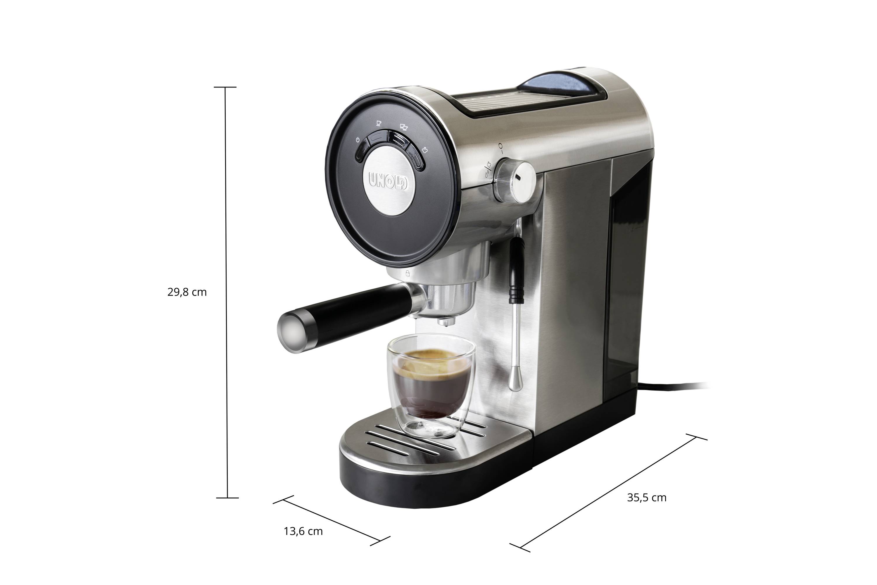 Espressomachine van roestvrij staal, compact met een kopje espresso eronder. Afmetingen: hoogte 29,8 cm, diepte 13,6 cm, lengte 35,5 cm.