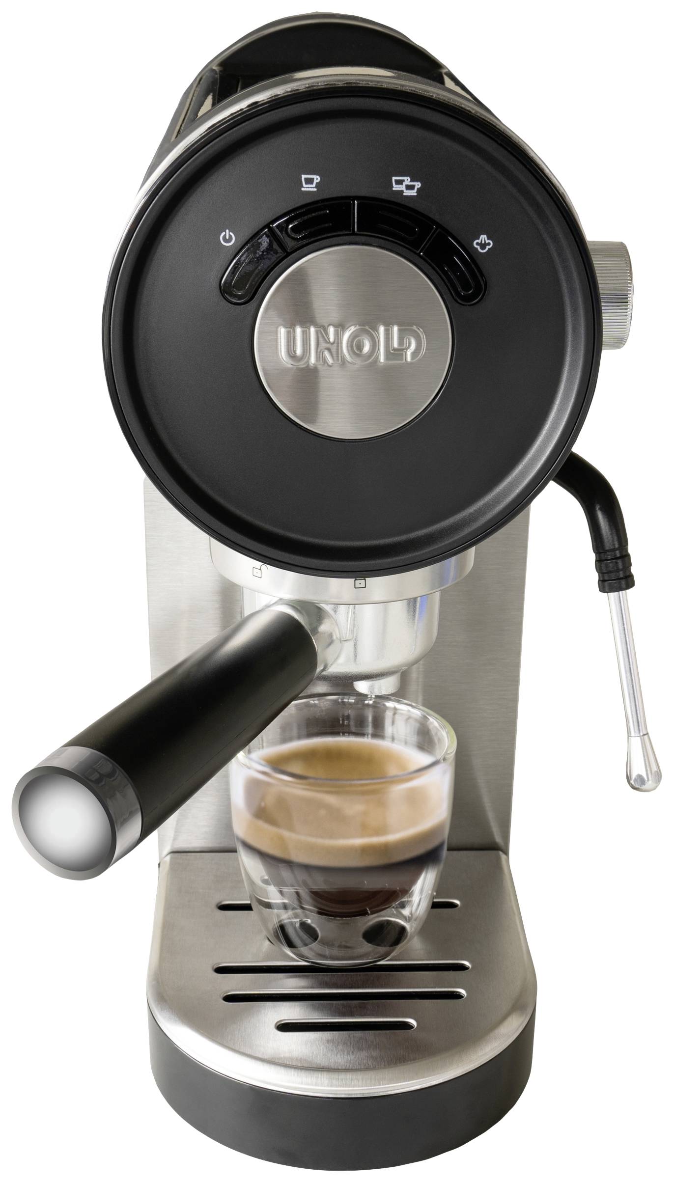 Espressomachine met filterhouder zet een espresso in een kleine kop. Zilver-zwart design met stoomarm.