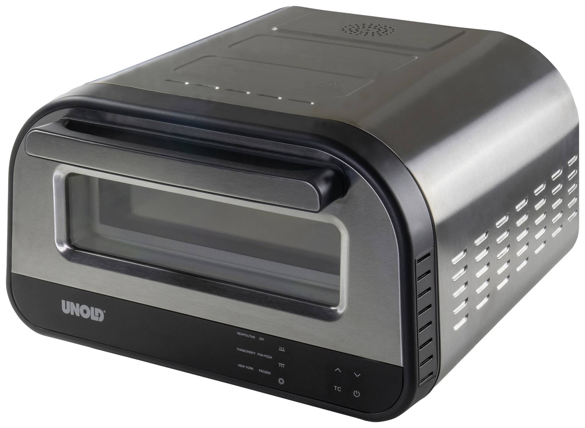 Een zwarte, moderne oven met een glazen deur en bedieningselementen aan de voorkant.