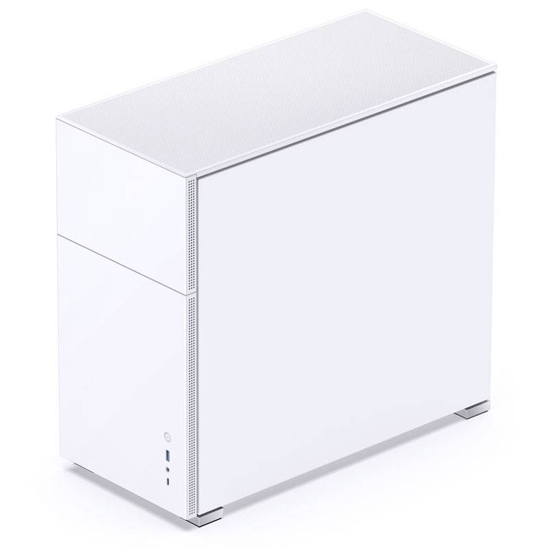 Een wit, minimalistisch computerbehuizing met een gladde oppervlakte, verticale vorm en meerdere USB-poorten aan de onderkant.