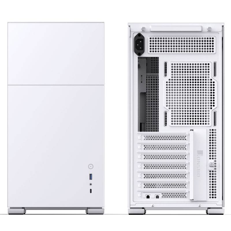 Een wit computerbehuizing, voor- en achteraanzicht. De voorkant is strak met twee USB-poorten onderaan. De achterkant toont ventilatierooster en uitbreidingssleuven zonder ingebouwde hardware.