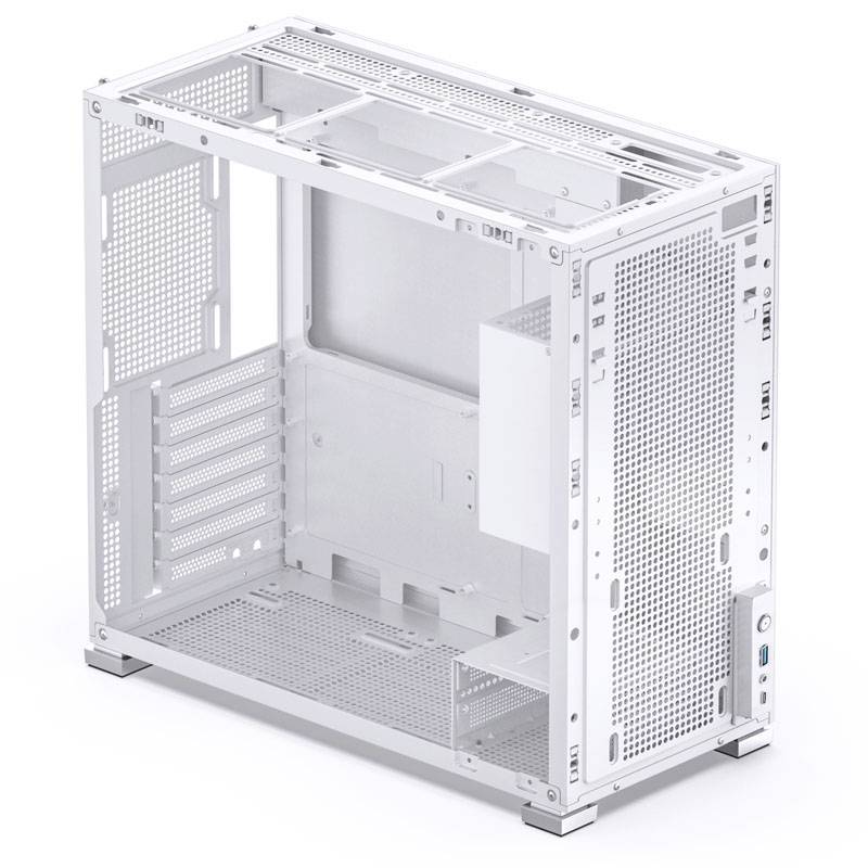 Wit metalen computerbehuizing met goede ventilatie, afgebeeld zonder interne componenten, ideaal voor het zelf bouwen van pc's.