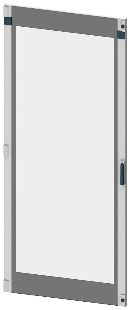 Metalen deurframe met transparante invulling, gemonteerd aan de voorkant van een behuizing. De deur beschikt over scharnieren aan de zijkant.