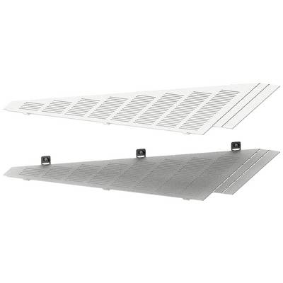 Twee driehoekige metalen platen met langwerpige verluchtingssleuven en bevestigingselementen aan de bovenrand, boven elkaar afgebeeld.