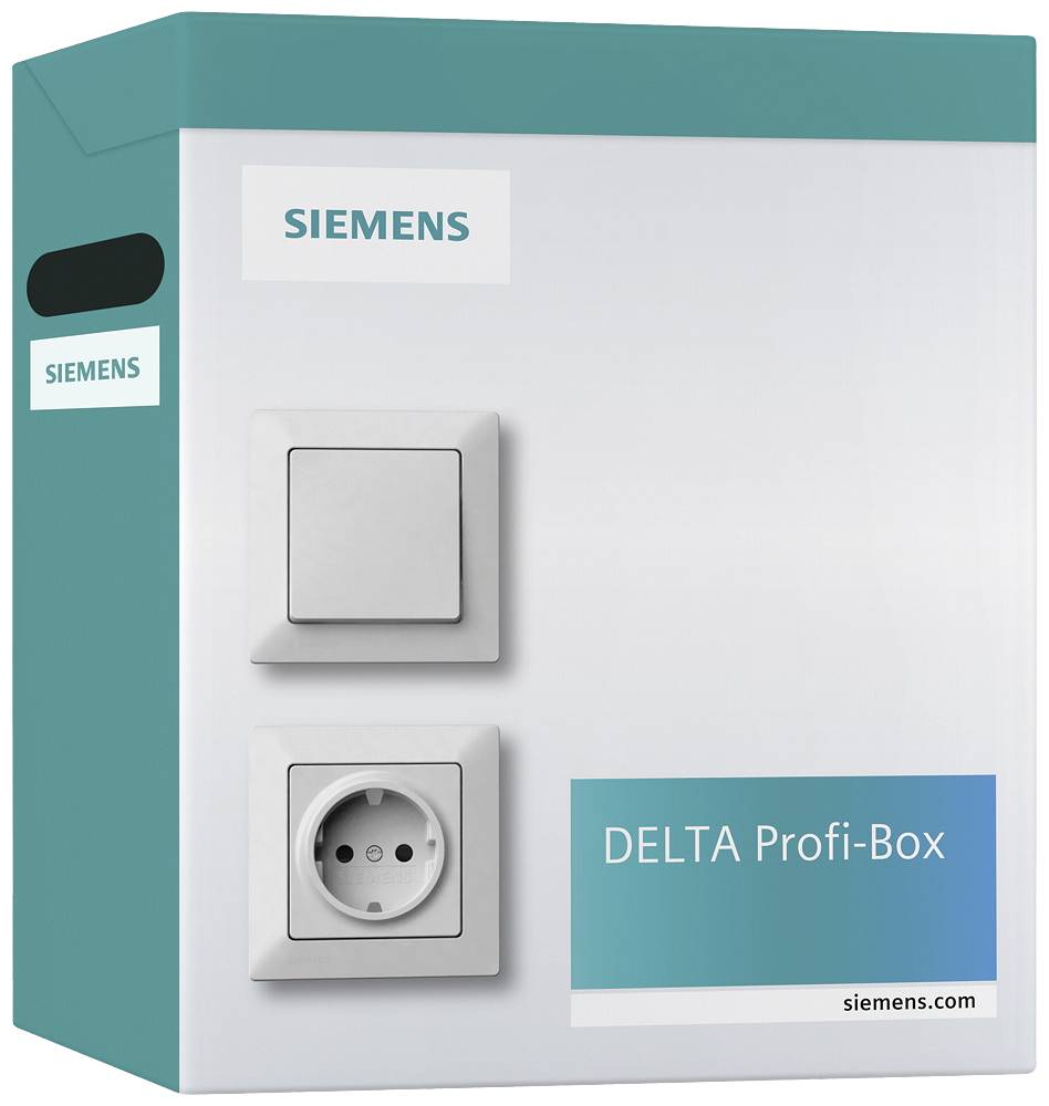 Verpakking van 'Siemens DELTA Profi-Box' met afbeeldingen van een lichtschakelaar en een stopcontact op de voorkant.