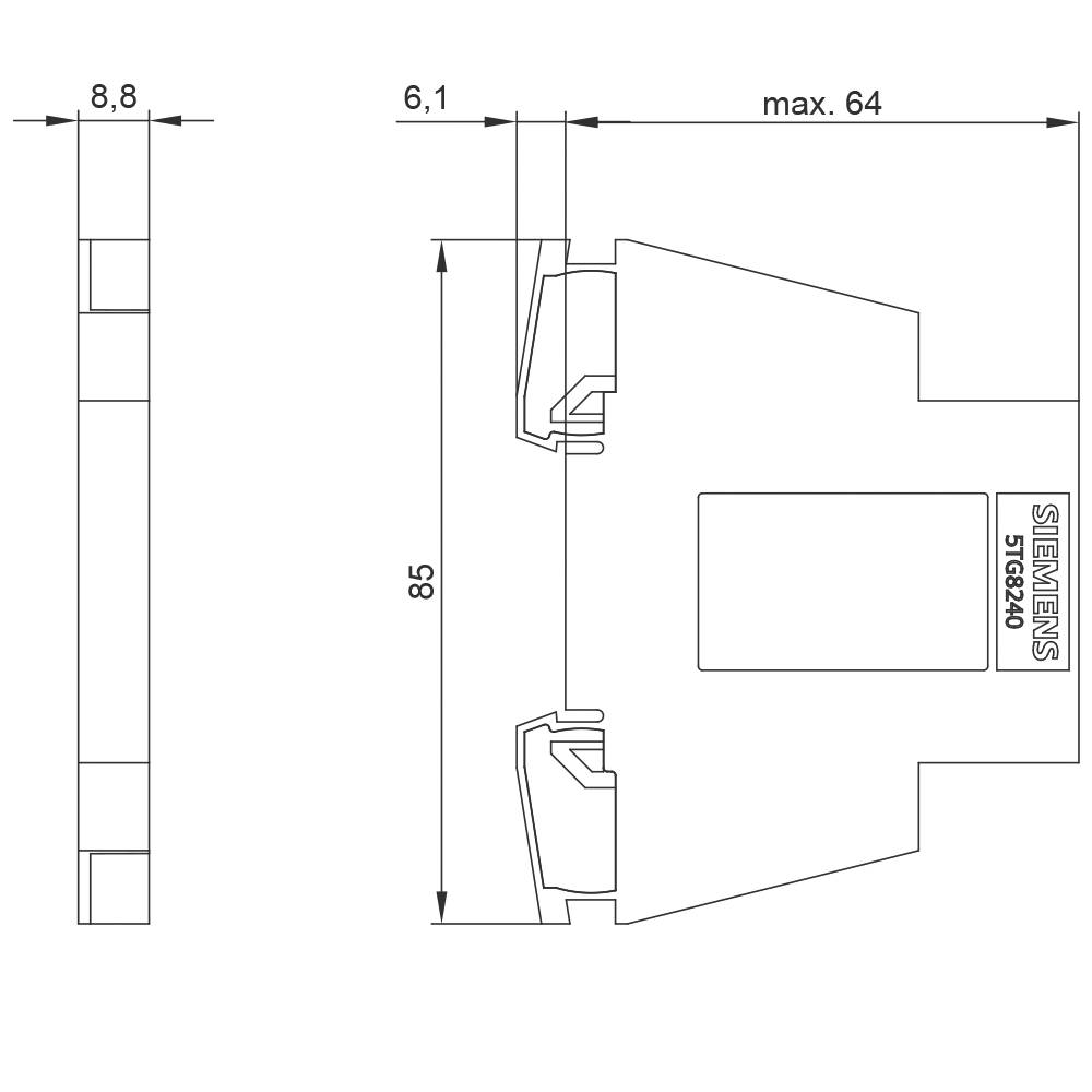 'Technische tekening van een Siemens-component met afmetingen: hoogte 85 mm, breedte maximaal 64 mm, overige afmetingen 8,8 mm en 6,1 mm.'