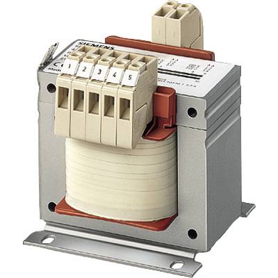 Een elektrische transformator van Siemens met vijf genummerde aansluitklemmen bovenaan, gemonteerd op een metalen voet.