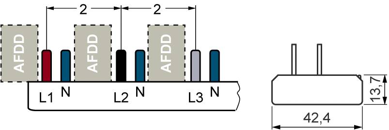 Diagram van een elektrische aansluiting: Drie AFDD-eenheden zijn verbonden met L1, L2, L3 en de bijbehorende nulgeleiders. Afmetingen: 42,4 mm x 13,7 mm.