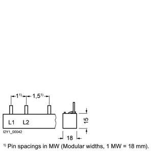 Technische tekening van een component met drie pinnen, afstanden aangegeven in modulaire breedtes (MW). Rechter afbeelding toont zijaanzicht.