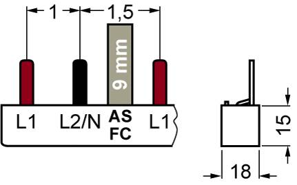 'Diagram van een elektrische aansluitschets: Drie verticale aansluitingen met labels L1, L2/N, AS/FC, weergegeven in maatverhouding.'