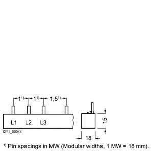 Diagram toont een connector met drie pinnen (L1, L2, L3); afstanden van 1 MW (18 mm) tussen de pinnen; hoogte 15 mm.