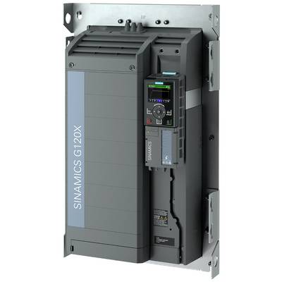 Aandrijfapparaat 'SINAMICS G120X', verticaal gemonteerd, toont bedieningselementen en digitale weergave, gebruikt in industriële besturingssystemen.
