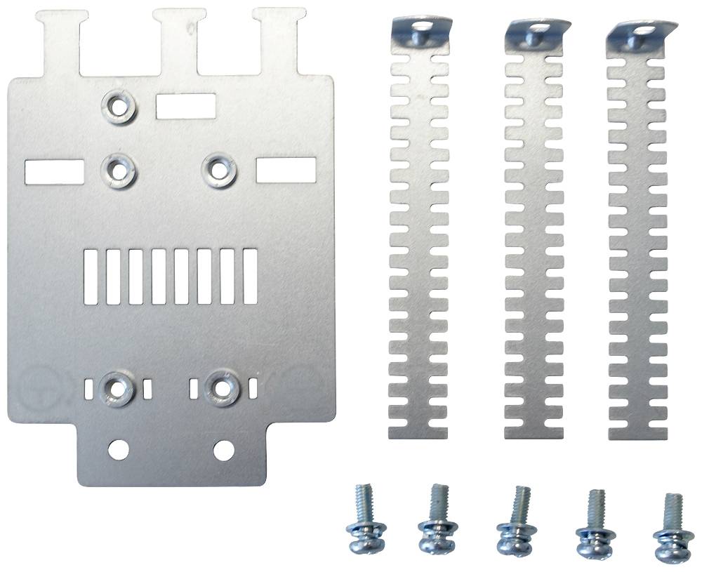 Metalen montageplate met schroeven en bevestigingsstrips, gebruikt voor installatie en bevestiging van apparaten aan muren of oppervlakken.